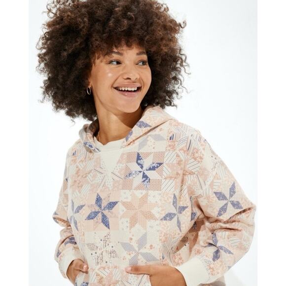 American Eagle Soft Knit Hoodie Pullover Sweater Boho Patchwork Print Sz M - Picture 10 of 10